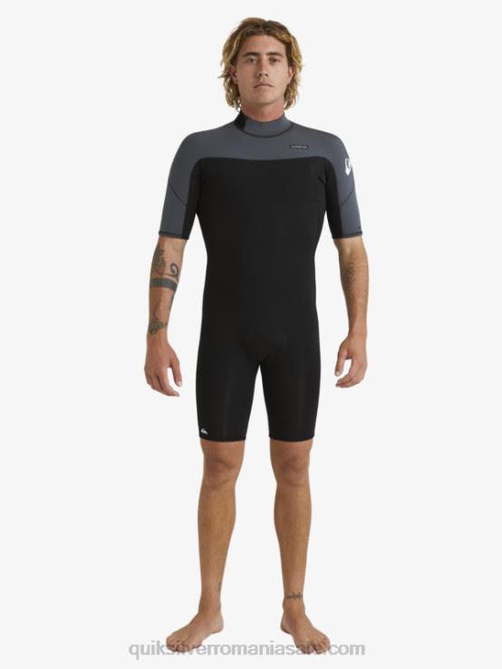 negru/metal armat Costum de primăvară cu mânecă scurtă și fermoar la spate pentru sesiuni de zi cu zi de 2/2 mm XT6B1433 bărbați Quiksilver
