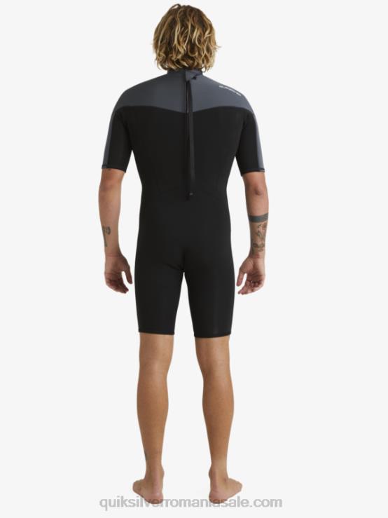 negru/metal armat Costum de primăvară cu mânecă scurtă și fermoar la spate pentru sesiuni de zi cu zi de 2/2 mm XT6B1433 bărbați Quiksilver