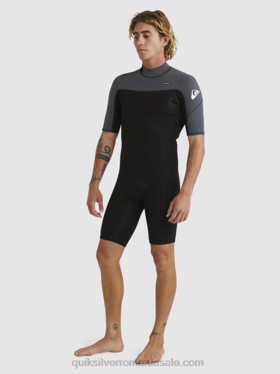 negru/metal armat Costum de primăvară cu mânecă scurtă și fermoar la spate pentru sesiuni de zi cu zi de 2/2 mm XT6B1433 bărbați Quiksilver